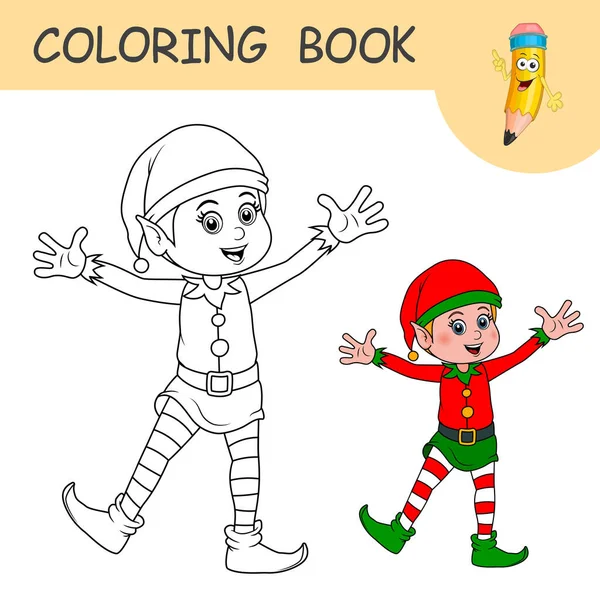 Coloring Book Cartoon Elf Colorless Color Samples Santa Claus Helper — Stock Vector