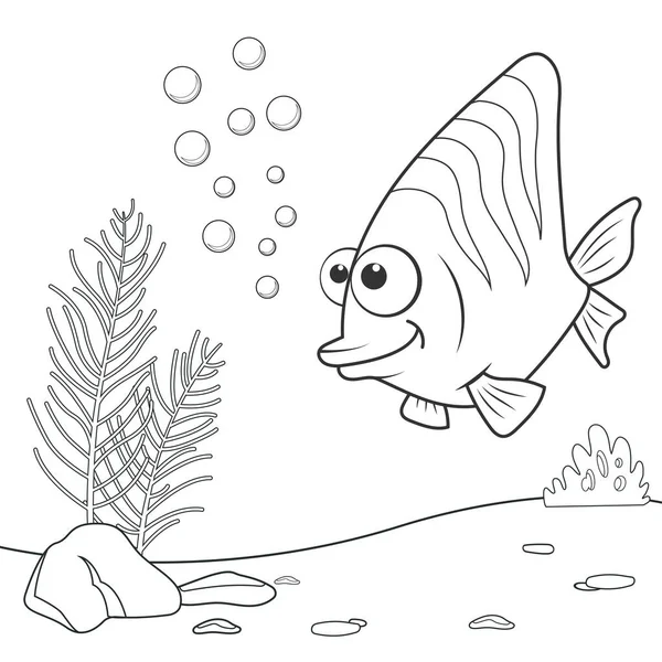 漫画のぬりえページアウトラインサンゴ魚 子供のための面白い魚のぬり絵のページ 活動かわいい動物の無色の画像 子供のための抗ストレスページ 白黒ベクトルイラスト — ストックベクタ