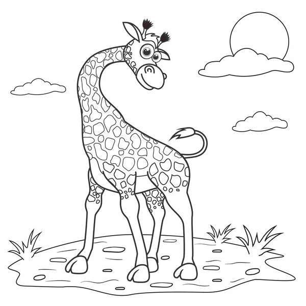 Disegno Colorare Della Giraffa Dei Cartoni Animati Sul Prato Pagina — Vettoriale Stock