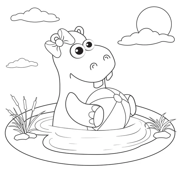 湖中带着球的卡通嬉皮士女孩的彩色图片 给孩子们画有趣的希波书的彩色页 可爱动物的活动无色图片 为儿童而设的黑白抗压网页 — 图库矢量图片