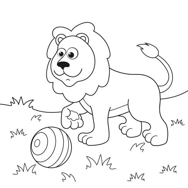 用圆球在草坪上画漫画狮子的轮廓 为孩子们给小狮子涂色的书 可爱动物的活动无色图片 儿童的抗压力网页 黑白矢量 — 图库矢量图片