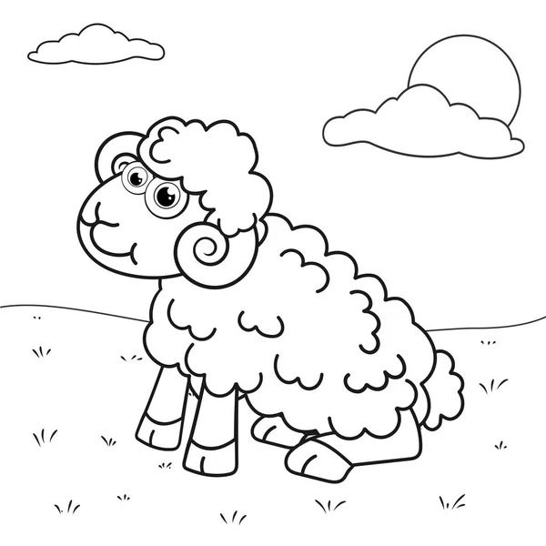 无色卡通羊肉坐在草坪上 彩色页面 为孩子们设计的有趣漫游书的彩色模板页 为儿童练习工作表或减压页 可爱的教育游戏大纲 Eps10 — 图库矢量图片