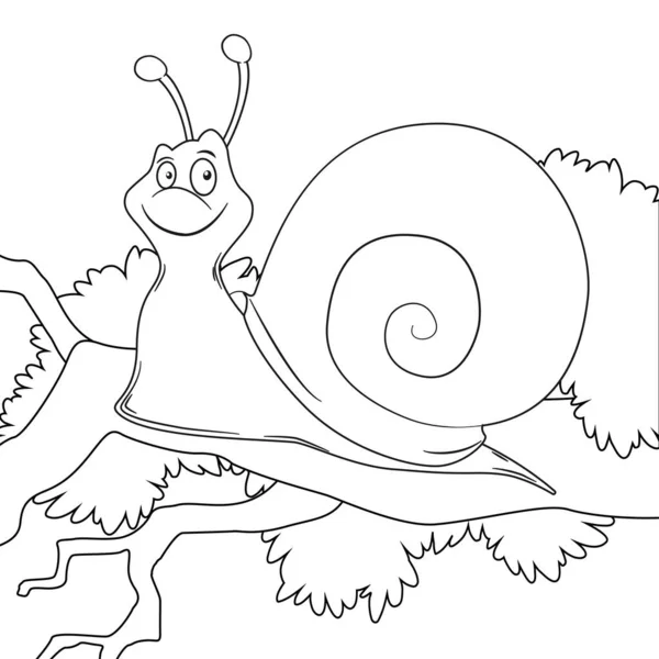 在树枝上的漫画蜗牛的彩色页面轮廓 给孩子们画有趣的鼻涕的书页 关于可爱动物的活动无色图片 儿童的抗压力网页 黑白矢量 — 图库矢量图片