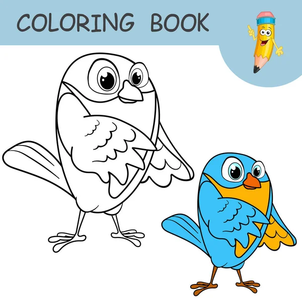 Libro Colorare Con Personaggio Divertente Uccello Campioni Incolori Colorati Birdie — Vettoriale Stock