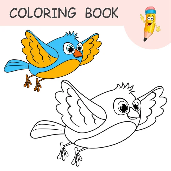 Libro Para Colorear Con Carácter Divertido Pájaro Volar Muestras Incoloras — Vector de stock