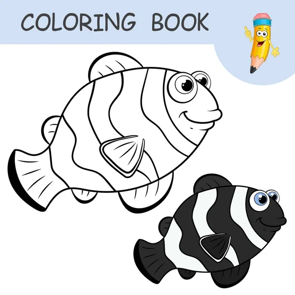 Libro Colorare Con Personaggio Pesce Pagliaccio Nero Campioni Incolori Colorati — Vettoriale Stock
