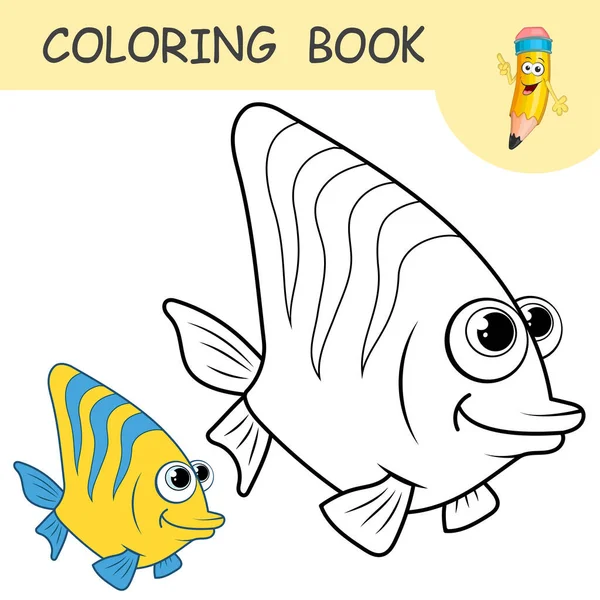 Livro Para Colorir Com Peixes Marinhos Bonitos Amostras Incolores Coloridas — Vetor de Stock