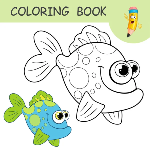 Βιβλίο Ζωγραφικής Αστεία Ψάρια Του Ωκεανού Άχρωμο Και Έγχρωμο Δείγματα — Διανυσματικό Αρχείο