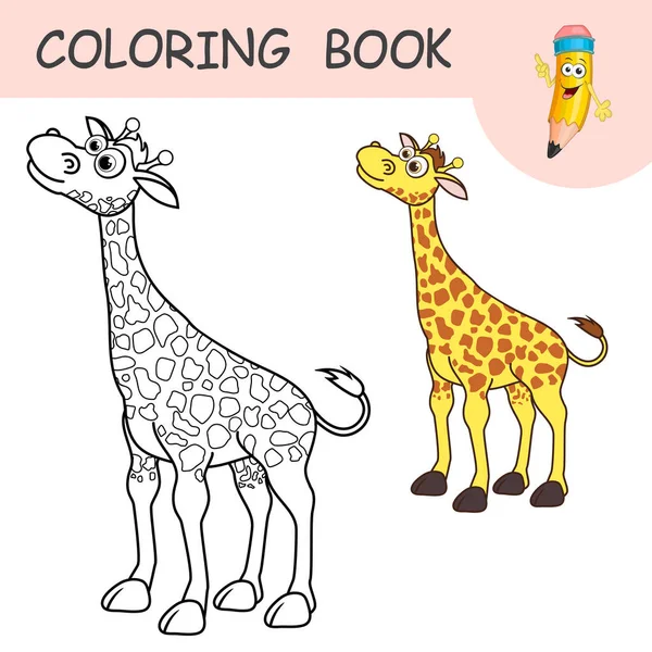 Libro Colorare Con Divertente Personaggio Giraffa Sorride Campioni Incolori Colorati — Vettoriale Stock
