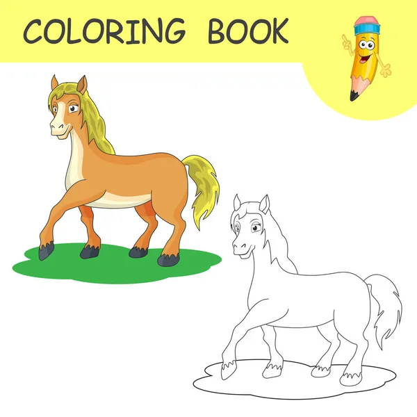 Colorare Carino Cartoon Horse Libro Colorare Pagina Cartone Animato Cavallo — Vettoriale Stock