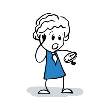 İş çubuğu kadın ne kadar geç olduğunu görmek için bileğindeki saati kontrol ediyor. Çizgi film karakteri endişeli iş kadınının toplantıya geç kaldığını gösteriyor. Zaman yönetimi konsepti. Çizgi sanatı