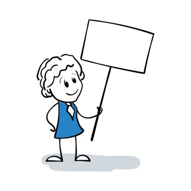 Gülümseyen yapışkan kadın yazı için bir tabela tutuyor. Mesajın için boş posteri olan sevimli bir çöp adam. Çizgi film çubuğu, bir şeyi gösteren ya da sunan kadının kavramsal çizimi