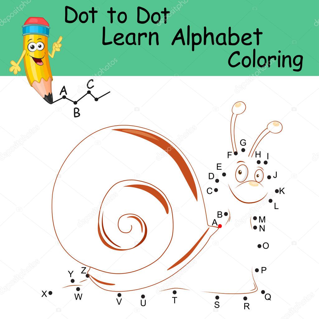 Dot to dot game with letters for kids. Learning the uppercase letters of the English alphabet with cute cartoon Snail. Logic Game and Coloring Page for preschool. Worksheet for practicing alphabet