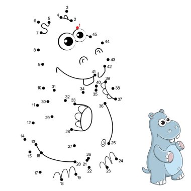 Noktayla nokta oyunu oynayın ve çocuklar için cevap verin. Noktaları numaralara göre birleştir ve resmi bitir. Tatlı Hippo karakterli Eğitim Oyunu ve Renklendirme Sayfası. 45 'e kadar say.