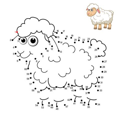 Koyun. Noktadan noktaya oyun. Lamb 'i çizmek için noktaları numaralara göre birleştir. Oyun ve Renklendirme Sayfası, şirin koyunlarla dolu. Çocuklar için Mantık Oyunları. 1-60 yaş arası çocuklar için eğitim kartı.