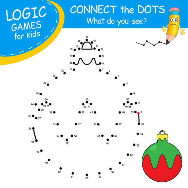New Year Ball. Connect the dots by numbers to draw the christmas toy. Winter symbol. Dot to dot Game and Coloring Page with cartoon Christmas Ball. Logic Game for Kids learning counting number