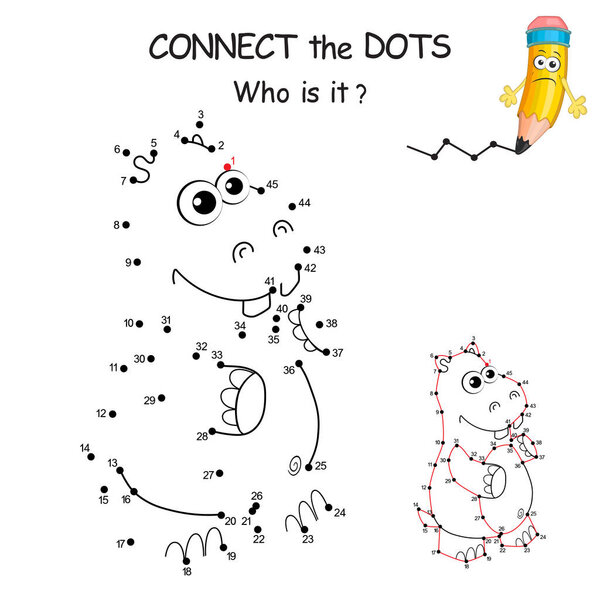 Расчерчиваем точки цифрами, чтобы нарисовать животное. Dot to dot Education Game and Coloring Page with cartoon cute Hippo character. Логические игры для детей. Образовательная карточка для детей