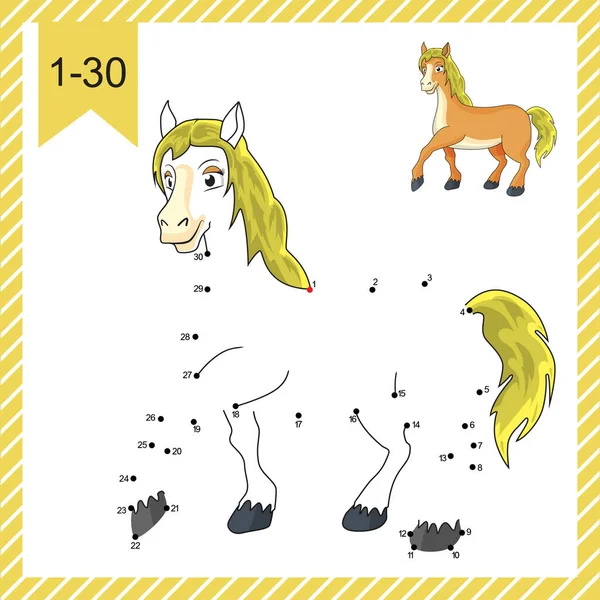 点到点 有趣的马 逻辑游戏和彩色页面与答案 用数字把这些点连在一起 画出卡通画可爱的小马 供学生练习计数至30的教育工作坊 — 图库矢量图片