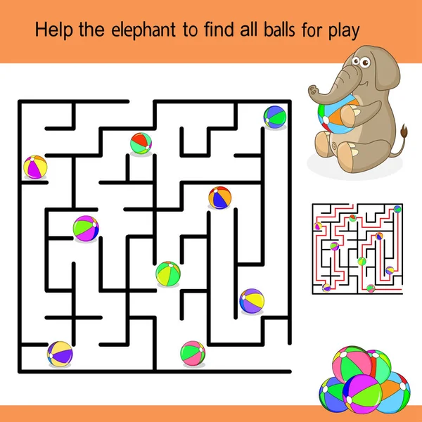 Hjälp Elefanten Att Hitta Alla Bollar För Lek Rolig Labyrint — Stock vektor