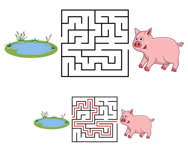 卡通猪和湖泊儿童迷宫或迷宫 找到正确的方式 答案是简单的正方形迷宫 进出境 儿童拼图游戏 教育迷宫之谜 儿童逻辑游戏 — 图库矢量图片