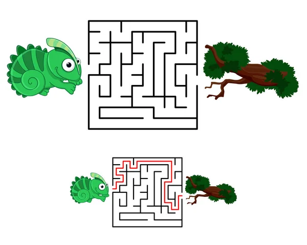 Labyrint Eller Labyrint För Barn Med Tecknad Kameleont Och Gren — Stock vektor