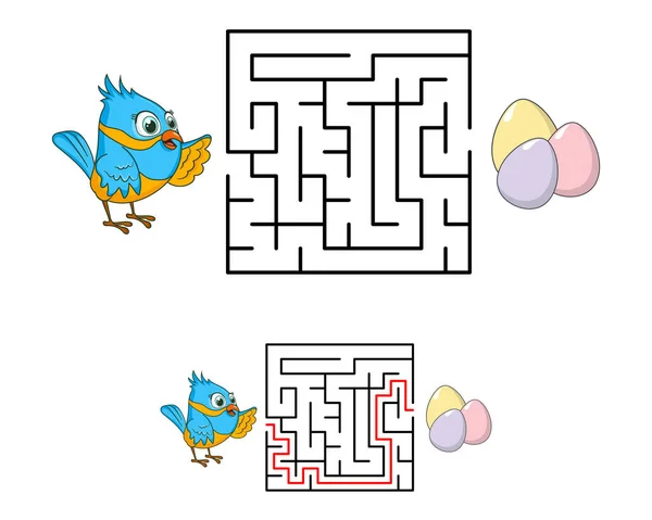 Labyrint Eller Labyrint För Barn Med Tecknad Fågel Och Ägg — Stock vektor