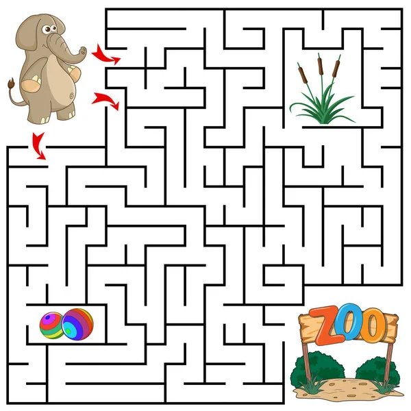 象が草 ボール 動物園への正しい道を見つけるのを助ける 入口が3つ出口が1つ 層の下に答えろ スクエア迷路ゲーム 子供のための迷路の対決 教育ワークシート 漫画風 — ストックベクタ