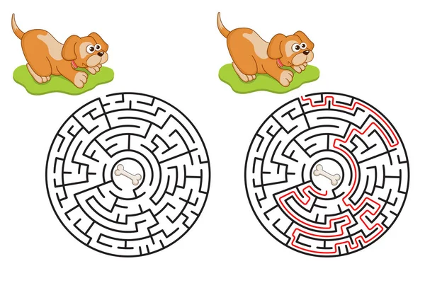 Runda Labyrinten Cirkel Labyrint Gåta Med Roliga Tecknad Karaktär Katt — Stock vektor