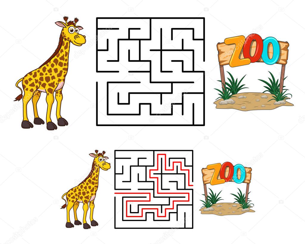 Maze or Labyrinth for Children with Cartoon Giraffe and Zoo. Find right way. Simple square maze with answer. Entry and exit. Child puzzle game. Education Labyrinth conundrum. Logic Games for kids