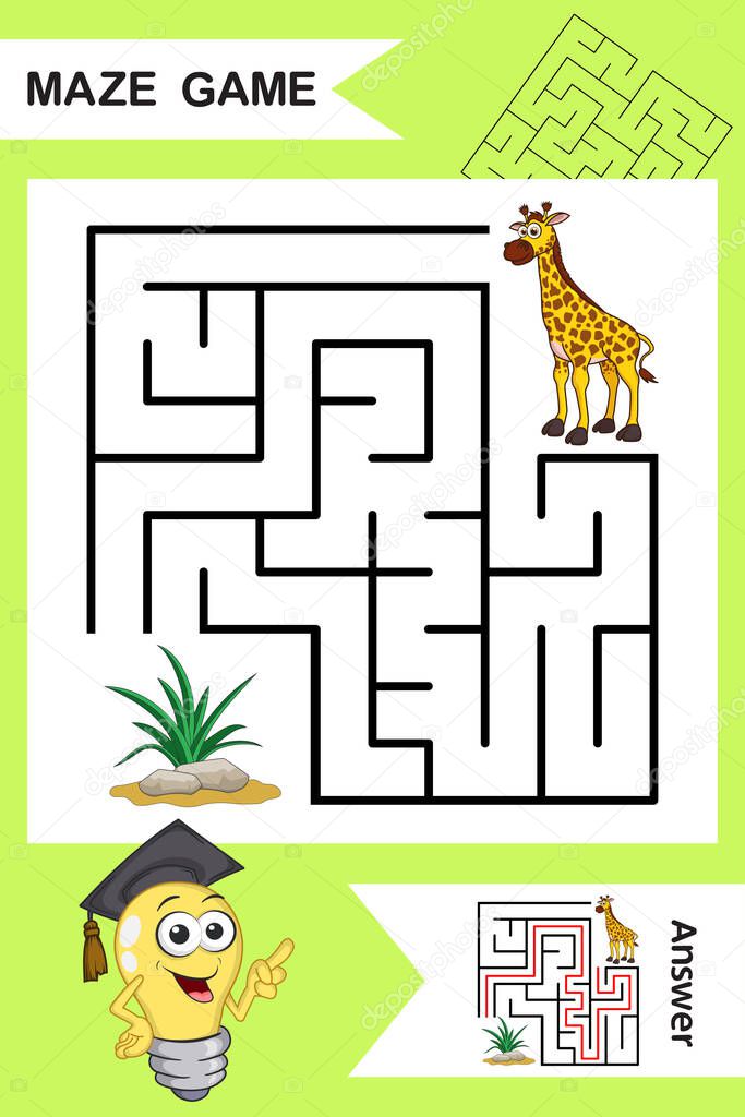 Simple Labyrinth with funny Giraffe isolated on colorful background. Find right way to the Grass. Entry and exit. With Answer. Education worksheet. Activity page. Logic Games for kids. Cartoon style