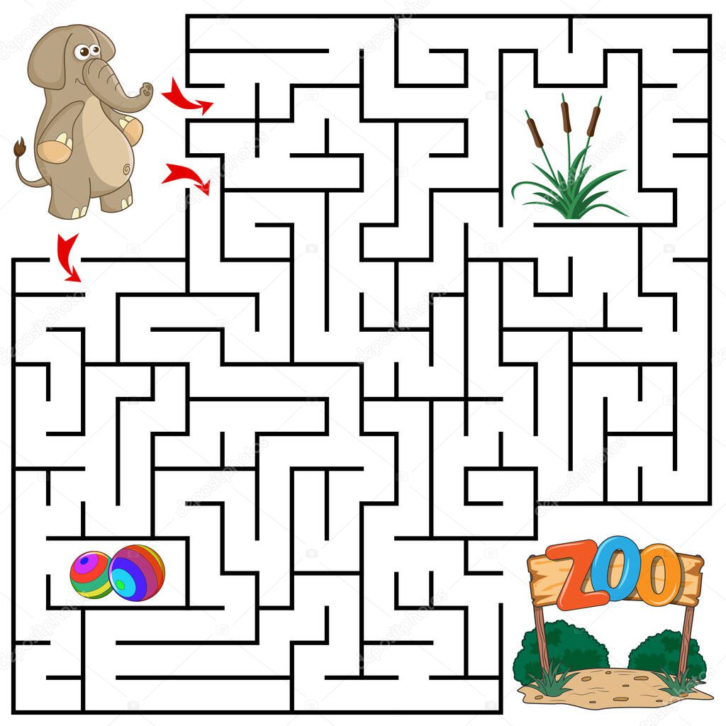 Help Elephant to find the right path to the grass, balls and Zoo. Three entrances, one exit. Answer under the layer. Square Maze Game. Labyrinth conundrum for kids. Education worksheet. Cartoon style