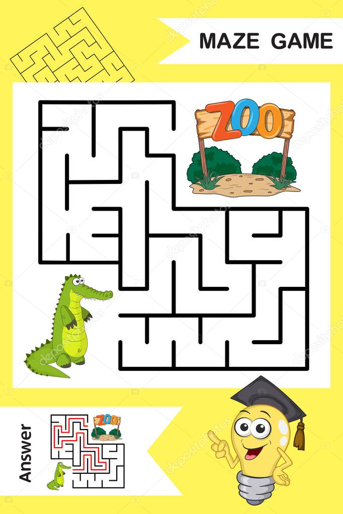 Square Labyrinth for Child with cute cartoon Alligator isolated on colorful background. Find right way to the ZOO. Entry and exit. With Answer. Education worksheet. Activity page.Logic Games for kid