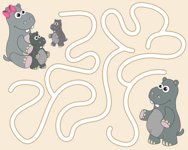 Pomóż Hipopotamowi Znaleźć Drogę Rodziny Gra Logiczna Dla Dzieci Wejście — Wektor stockowy