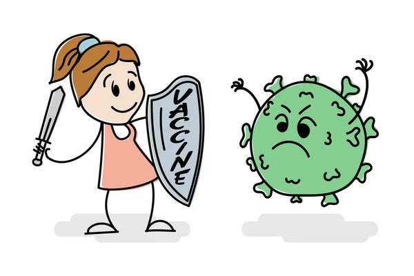 Stickman Met Zwaard Vechtend Tegen Monster Gigantisch Covid Virus Cartoon — Stockvector