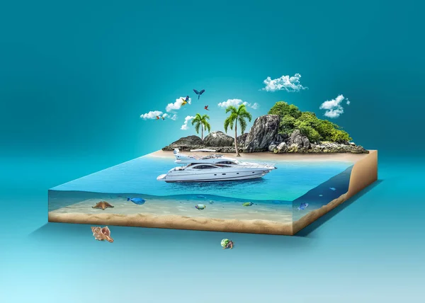 3d illustration of island paradise isolated, travel and tourism ads, luxury yacht on island isolated.