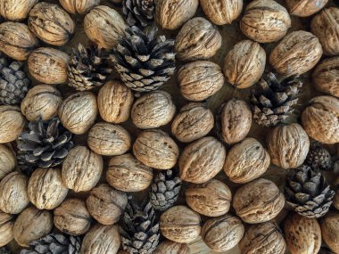 Masanın üzerine serilmiş ceviz ve çam kozalaklarından oluşan sonbahar titreşim arkaplan dokusu