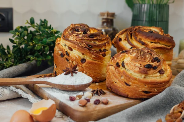 Easter traditional bread cake - Kraffin, panettone decorated on kitchen table