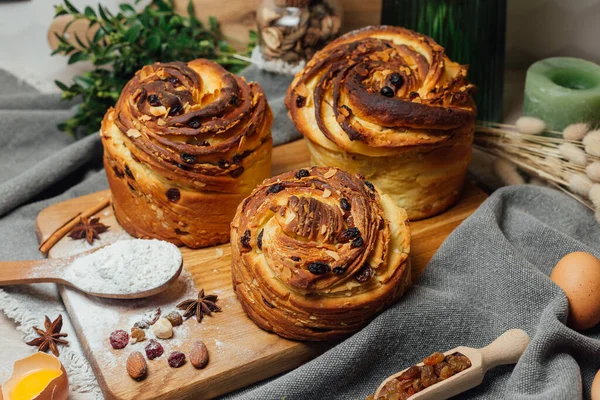 Easter traditional bread cake - Kraffin, panettone decorated on kitchen table