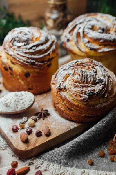 Easter traditional bread cake - Kraffin, panettone decorated on kitchen table