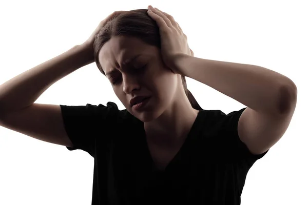 Sylwetka kobiety z bólem głowy. Odizolowany portret na białym tle — Zdjęcie stockowe