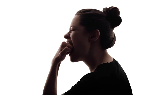 Silhouette of woman that scream because of anger. Isolated portrait on white background — Photo