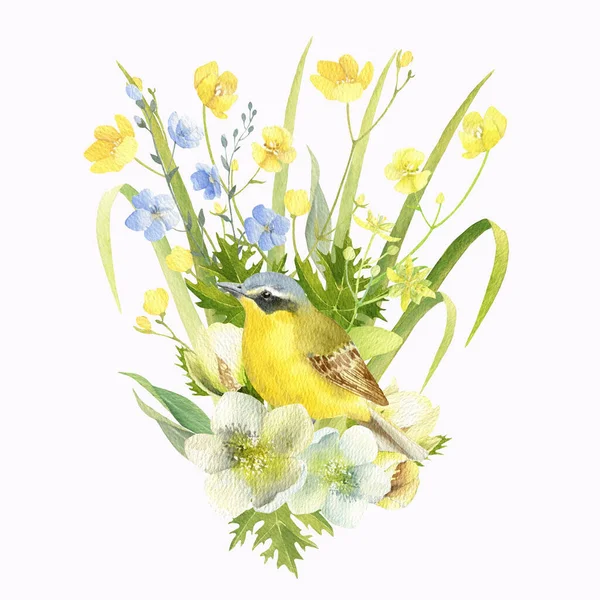 Delicate Lentecompositie Met Een Vogel Bloemen Kruiden Een Heldere Vogel — Stockfoto