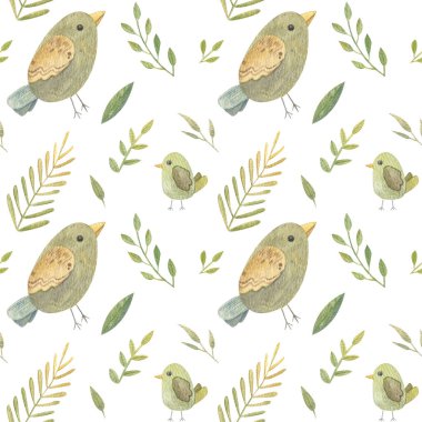  Kuşlar ve yeşil bitkilerle sulu boya deseni. Elementler elle çizilmiş. Tasarımlarında bahar havası yaratacaklar. Ambalaj kağıdı ve çeşitli arka planlar için ideal. Fikirlerin için..