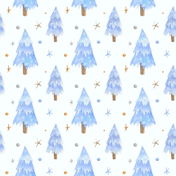 Watercolor Seamless Pattern Christmas Trees Snowflakes Each Element Hand Drawn — Stock Photo, Image