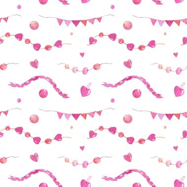 Watercolor seamless pattern with ribbons, flags, beads and hearts. Holiday mood for your designs. Suitable for wrapping paper, backgrounds, scrapbooking and other ideas.