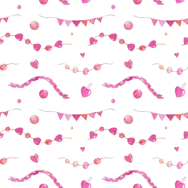 Watercolor Seamless Pattern Ribbons Flags Beads Hearts Holiday Mood Your — Zdjęcie stockowe