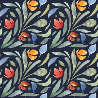 Seamless watercolor pattern with decorative flowers and leaves. The dark background and bright accents on the flowers create a mood of mystery. Perfect for wrapping paper, textiles, backgrounds, scrapbooking and more.