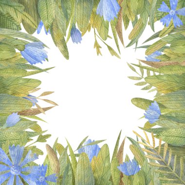 Watercolor square frame with blue flowers, plants and leaves. Hand drawn. Spring mood for your works. Perfect for postcards, cards, invitations, greetings, scrapbooking and more.