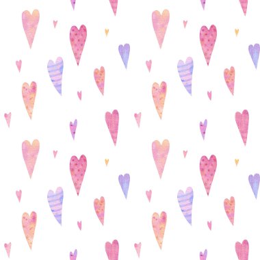 Watercolor seamless background with soft pink and lilac hearts. Each element is hand drawn. A simple pattern on a white background. For, textile, wallpapers, scrapbooking and wrapping paper