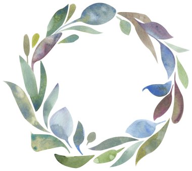 Suluboya yaprakları ve bitkilerle dekoratif çelenk. Hafif ve havadar. Kartlar, davetiyeler ve diğer fikirler için.